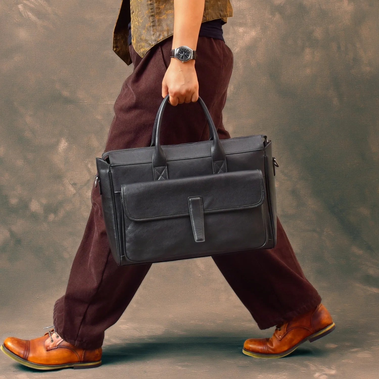 pndme Genuine Leather Men's Briefcase — Professional Laptop Messenger Bag