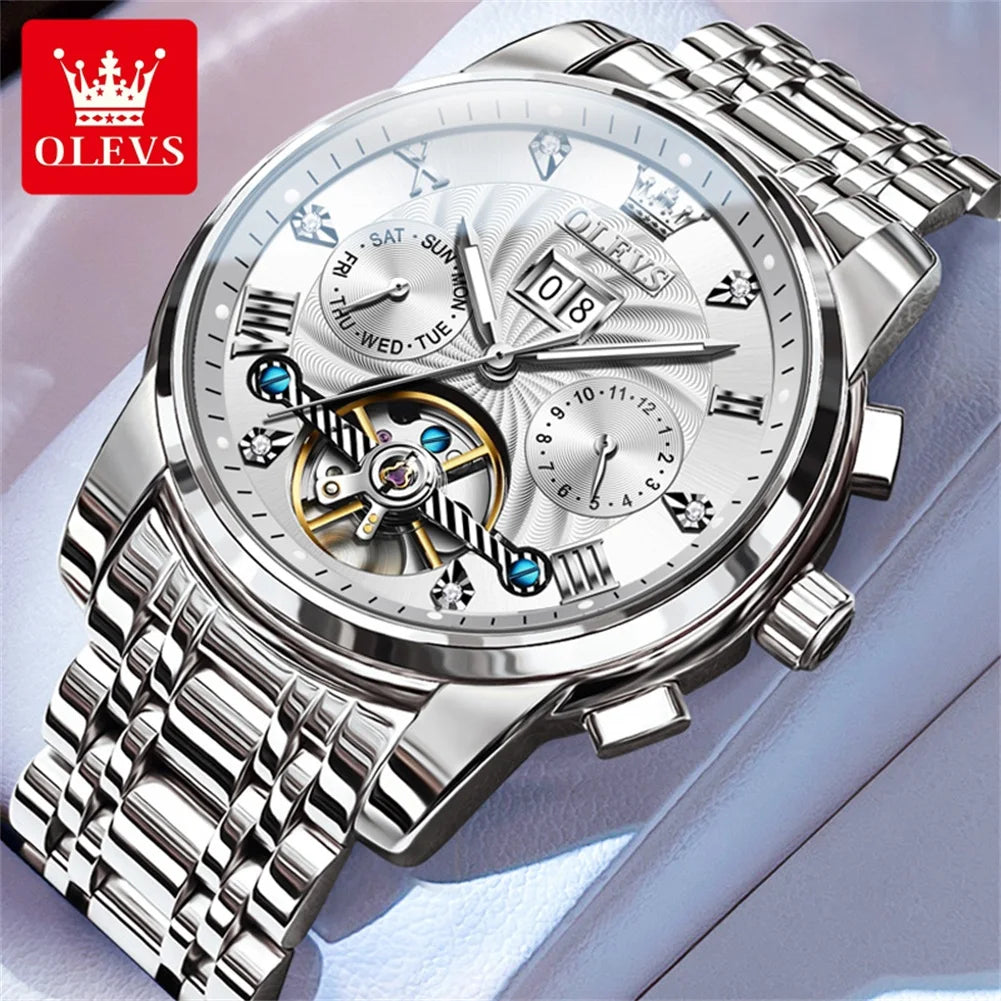 OLEVS Classic Men's Automatic Watch — Luxury Skeleton Tourbillon Design