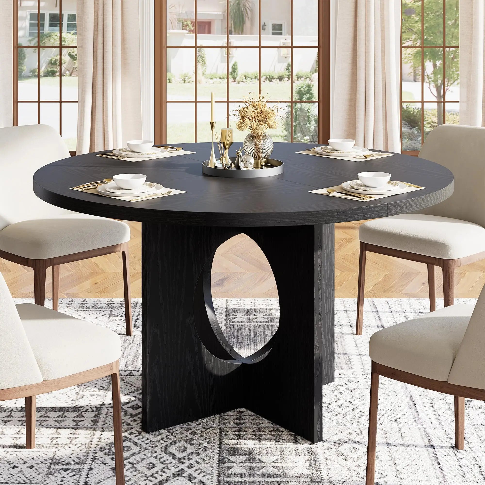 Round Wood Dining Table — 47-Inch Farmhouse Pedestal Table for 4-6 People