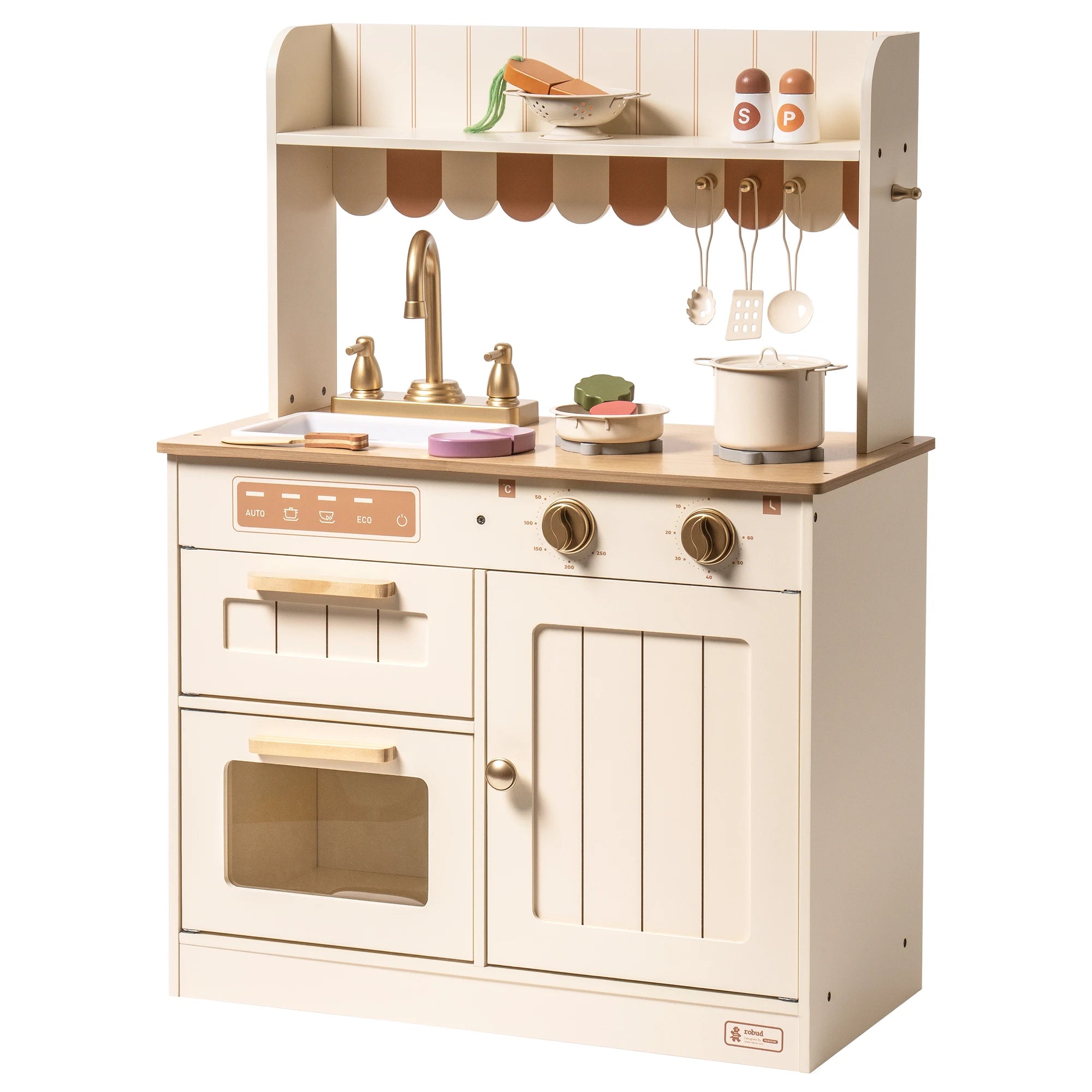 Robud Wooden Play Kitchen Set — Pretend Play Toy with Accessories, Beige
