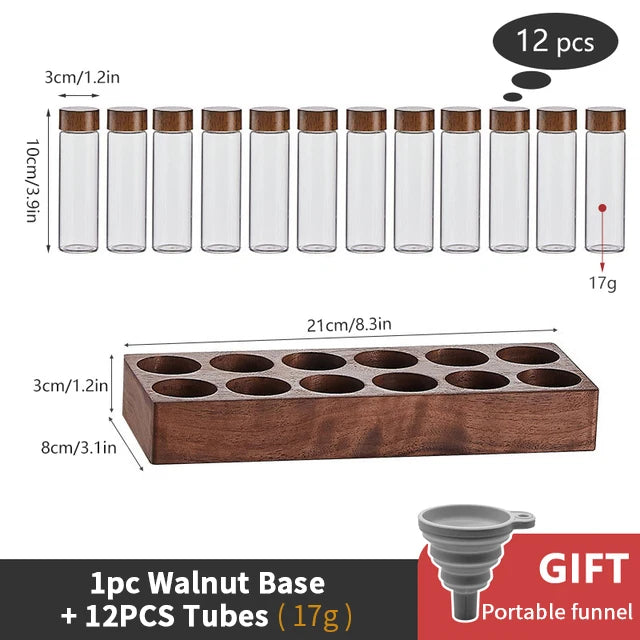 ALIKISSCAFE Coffee Bean Storage Container — Walnut Display Rack & Glass Tubes