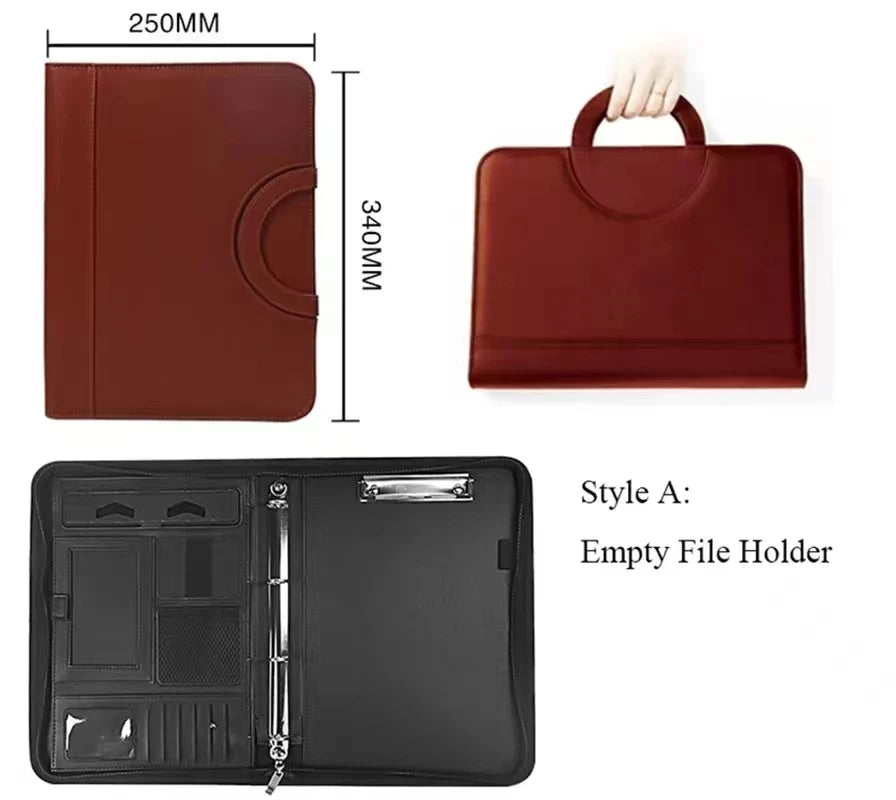 PU Leather A4 Conference File Pad — Professional Zippered Binder & Briefcase