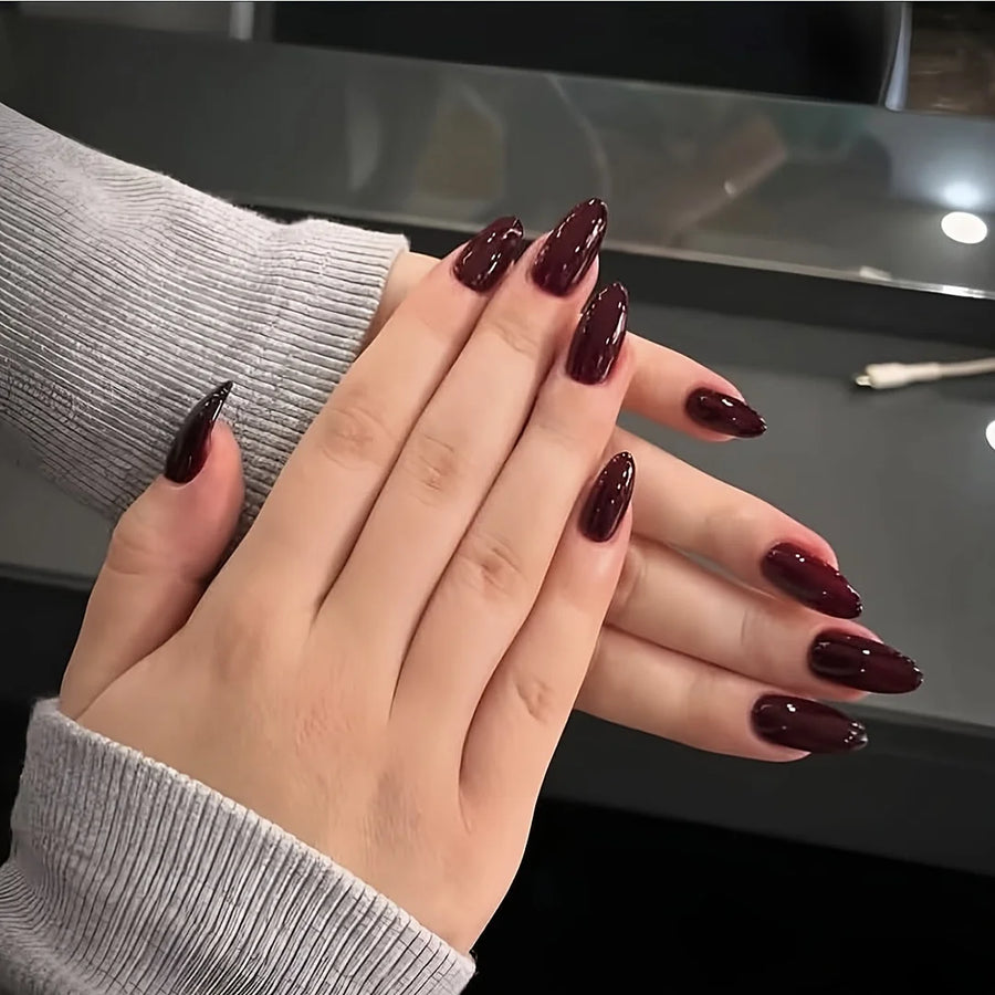 Red Almond False Nails — Short French Style Solid Nail Set