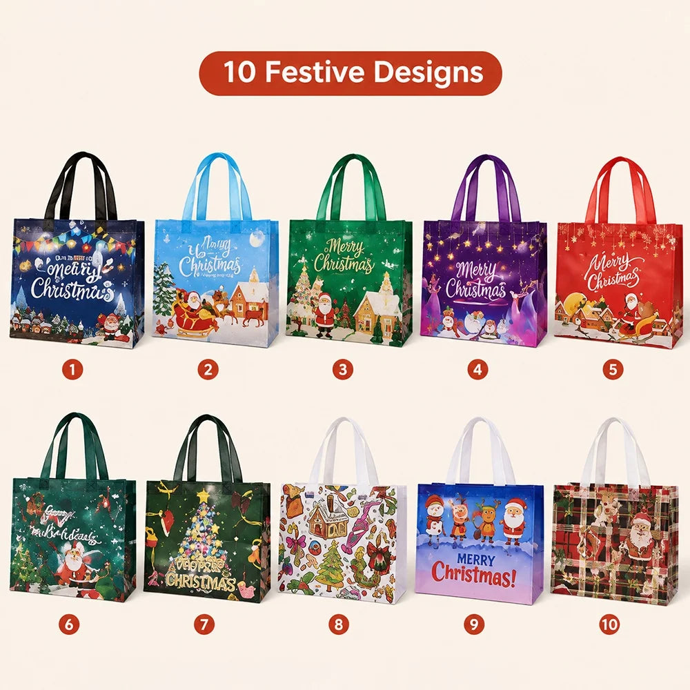 Christmas Pattern Gift Bags — Non-Woven Fabric Holiday Holders, 10 Pack