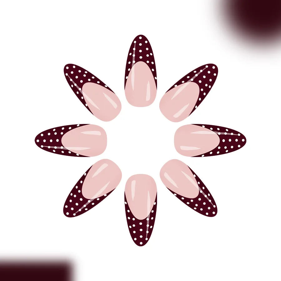 Red and White Polka Dot Press On Nails — Almond Shape Glossy Fake Nails