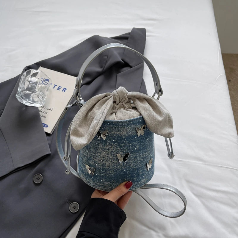 Denim Mini Crossbody Bag — Vintage Butterfly Bucket Handbag