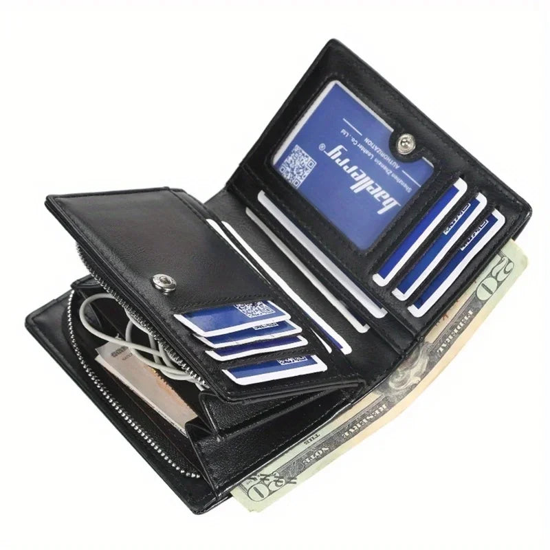 Mens Leather Wallet — Zipper Closure, Multi Slot