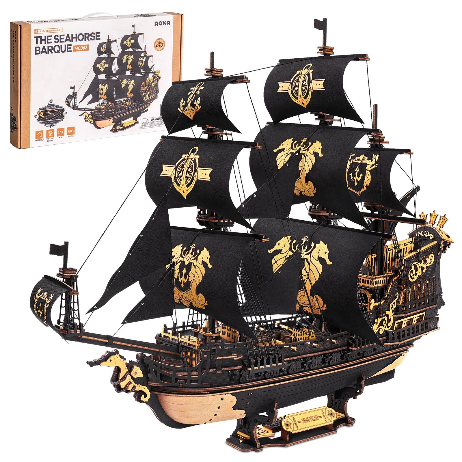 ROKR Seahorse Barque Wooden 3D Puzzle — DIY Sailboat Model Building Kit