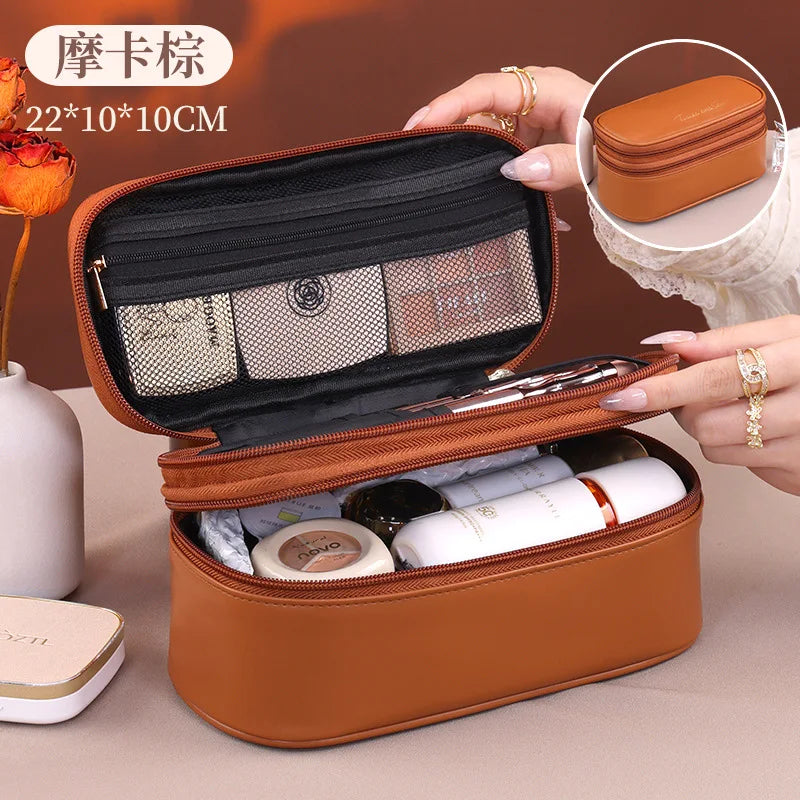 Double Layer Cosmetic Bag — Large Capacity PU Leather Makeup Organizer