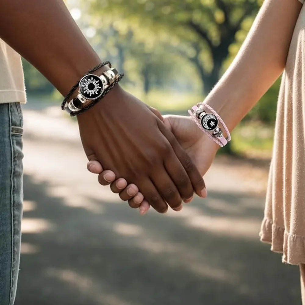 Sun and Moon Leather Bracelet Set — Matching Couple Jewelry with Glow Effect