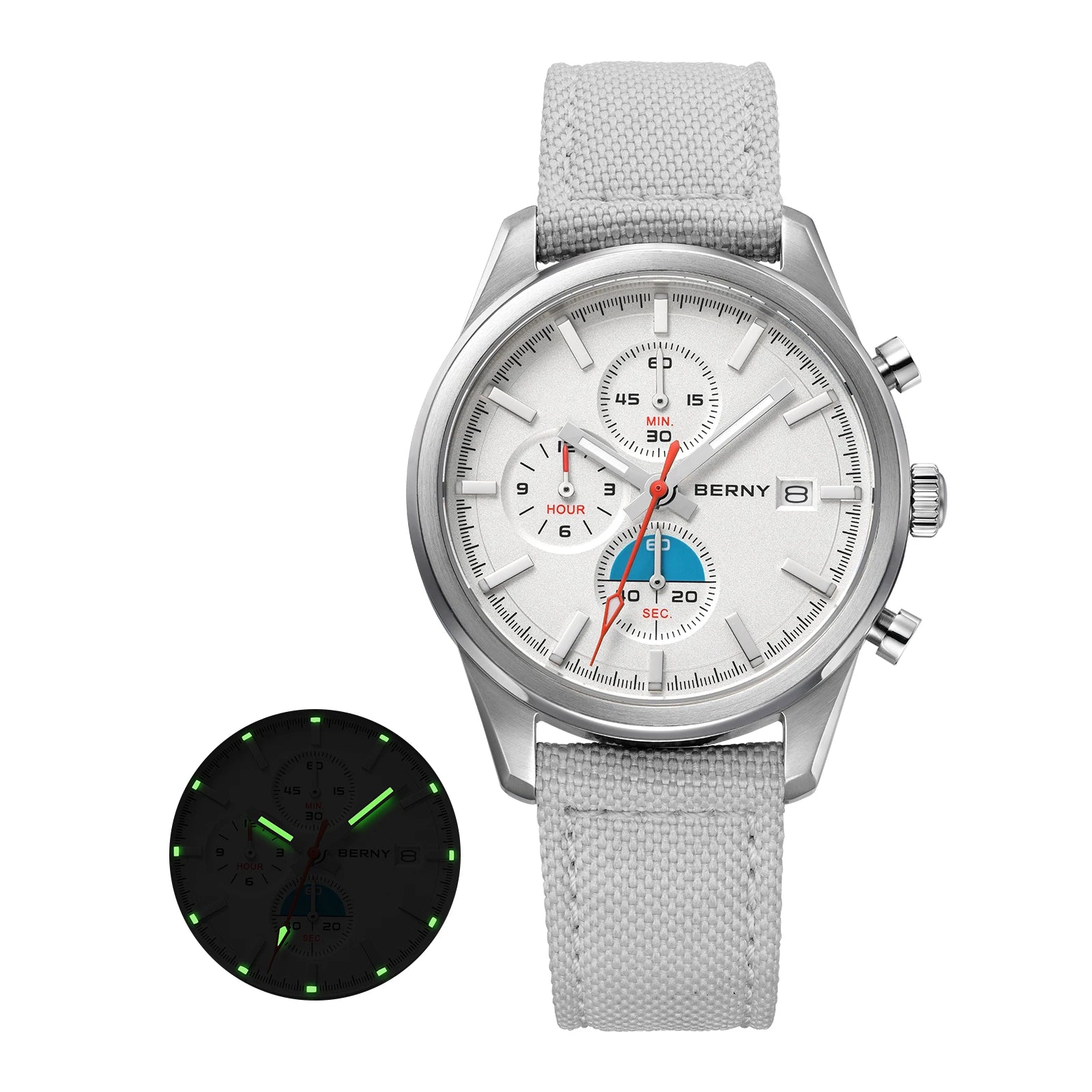 BERNY Chronograph Quartz Men's Watch — Luminous Sport Design with Sapphire Crystal
