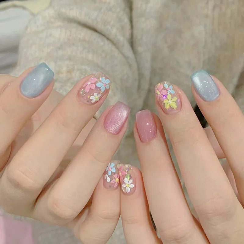 Pink Floral Press-On Nails — Short Almond French Tip Fake Nail Set