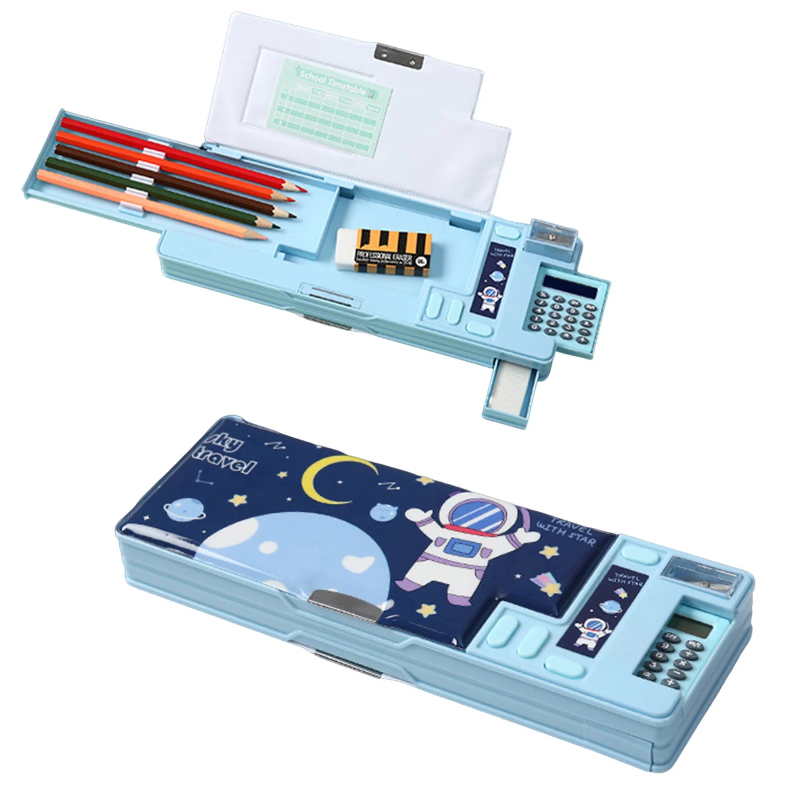 Multifunctional Cartoon Pencil Case — Built-in Calculator & Sharpener