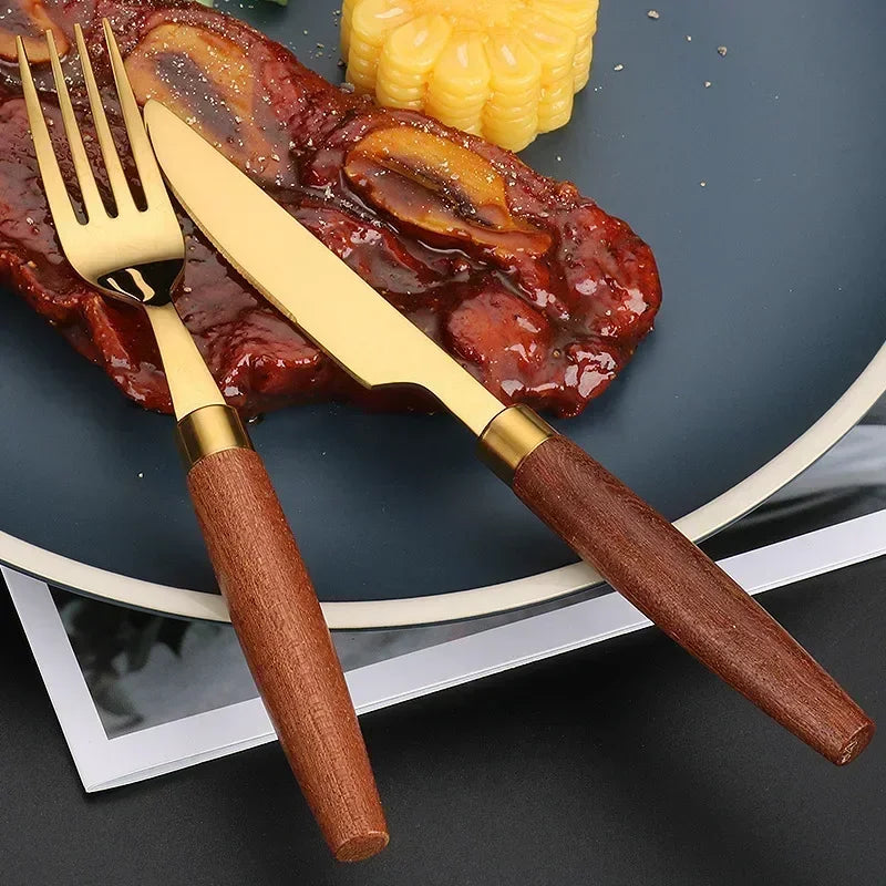 4-Piece Sapele Wood Handle Cutlery Set — Stainless Steel Knife Fork & Spoon