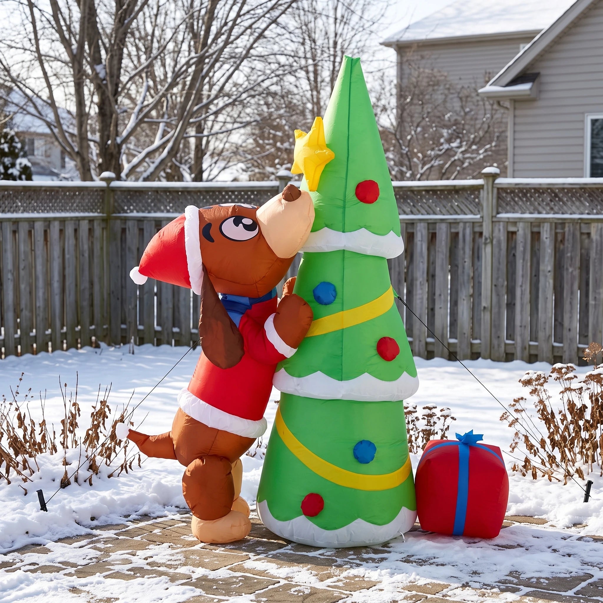 Giant Inflatable Christmas Dog with Tree — LED Light Outdoor Yard Decoration