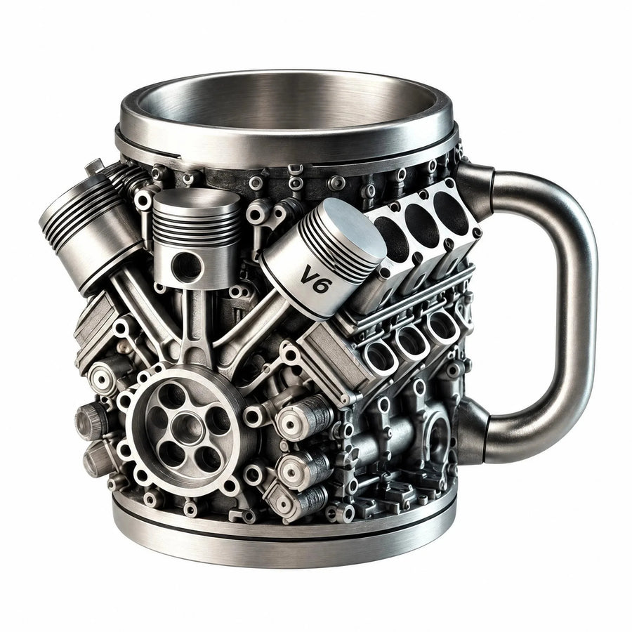 V6 Engine Stainless Steel Coffee Mug — 3D Mechanical Car Design