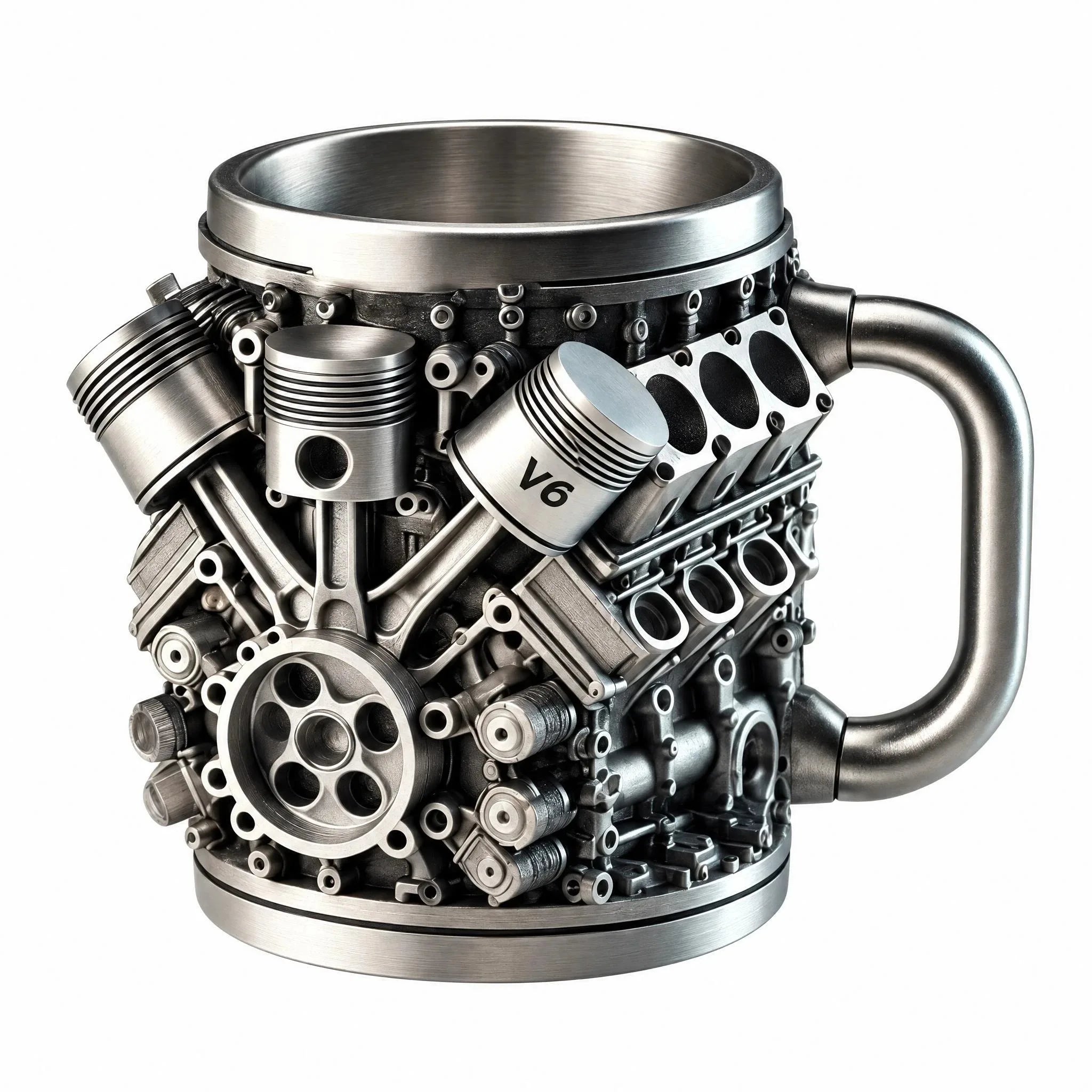V6 Engine Stainless Steel Coffee Mug — 3D Mechanical Car Design