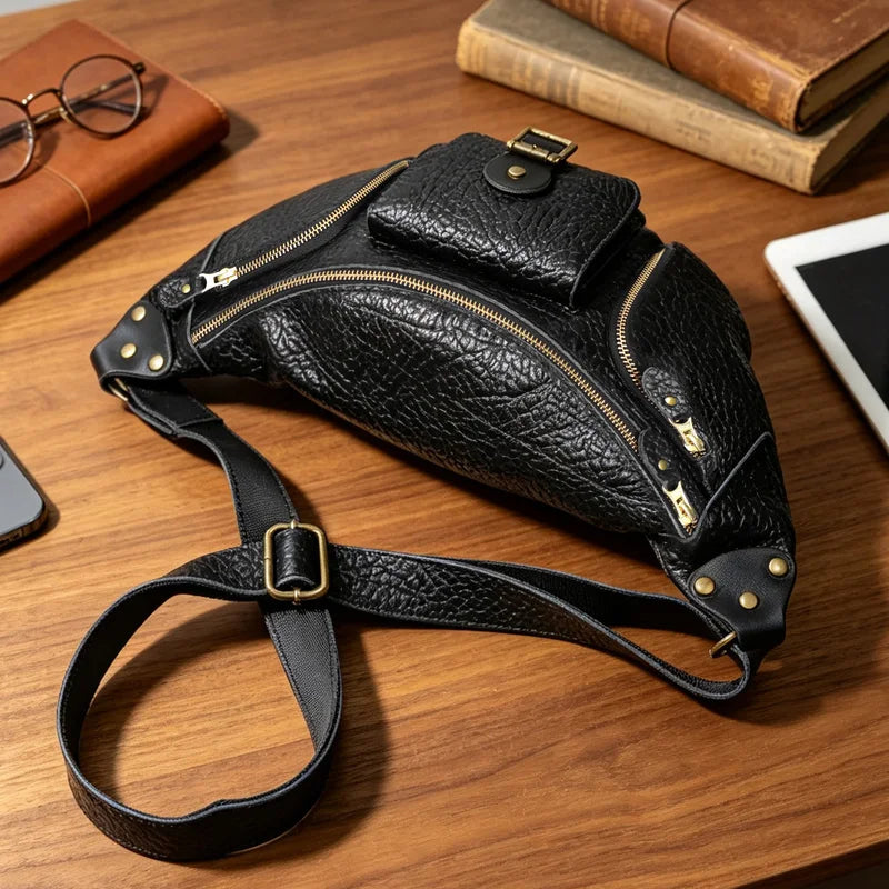 PiBOLES Genuine Leather Chest Bag — Multi-Pocket Crossbody Organizer
