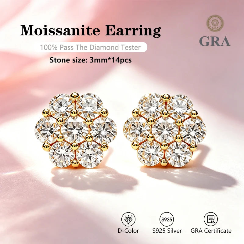 AITERNITY Flower Moissanite Stud Earrings — D Color VVS1 Sterling Silver Jewelry