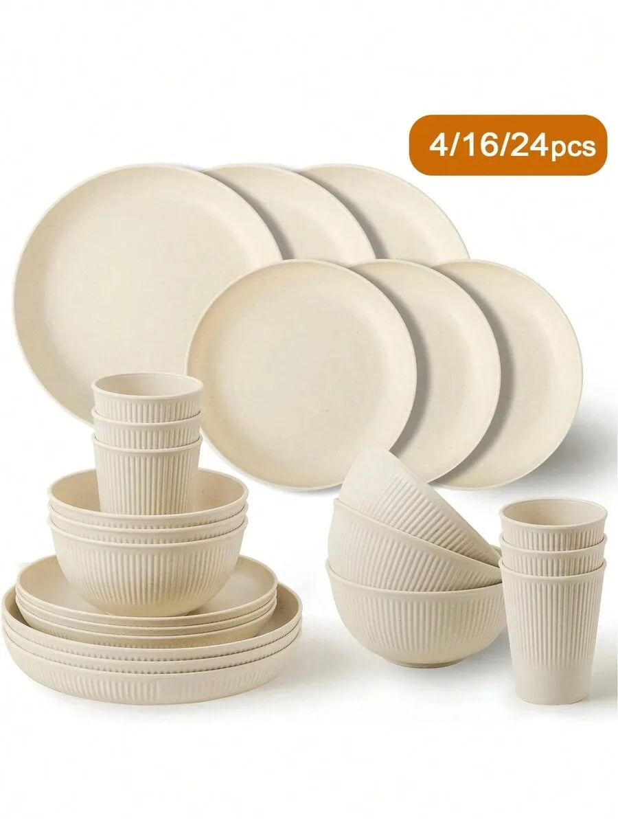 Reusable Plastic Dinnerware Set — Lightweight Plates, Bowls & Cups, Beige