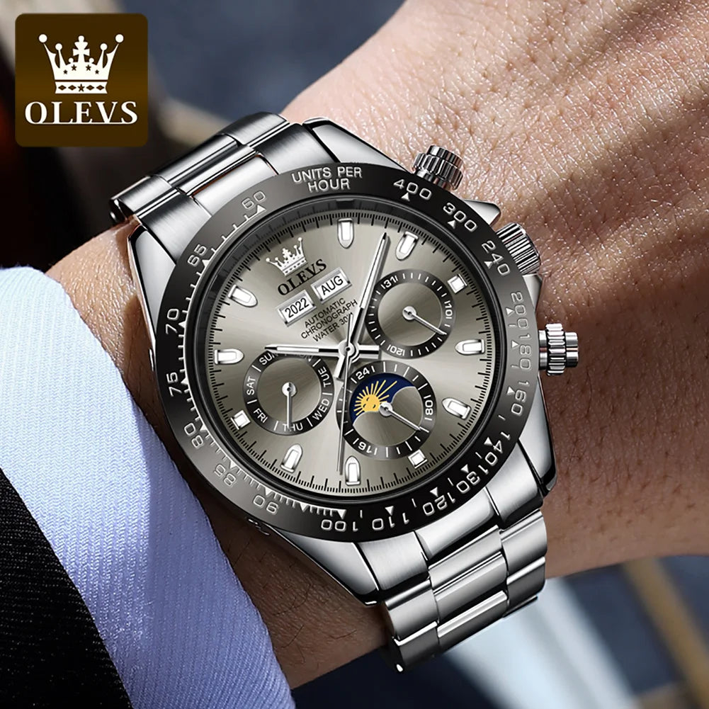 OLEVS Automatic Mechanical Watch — Luxury Moon Phase & Date Display