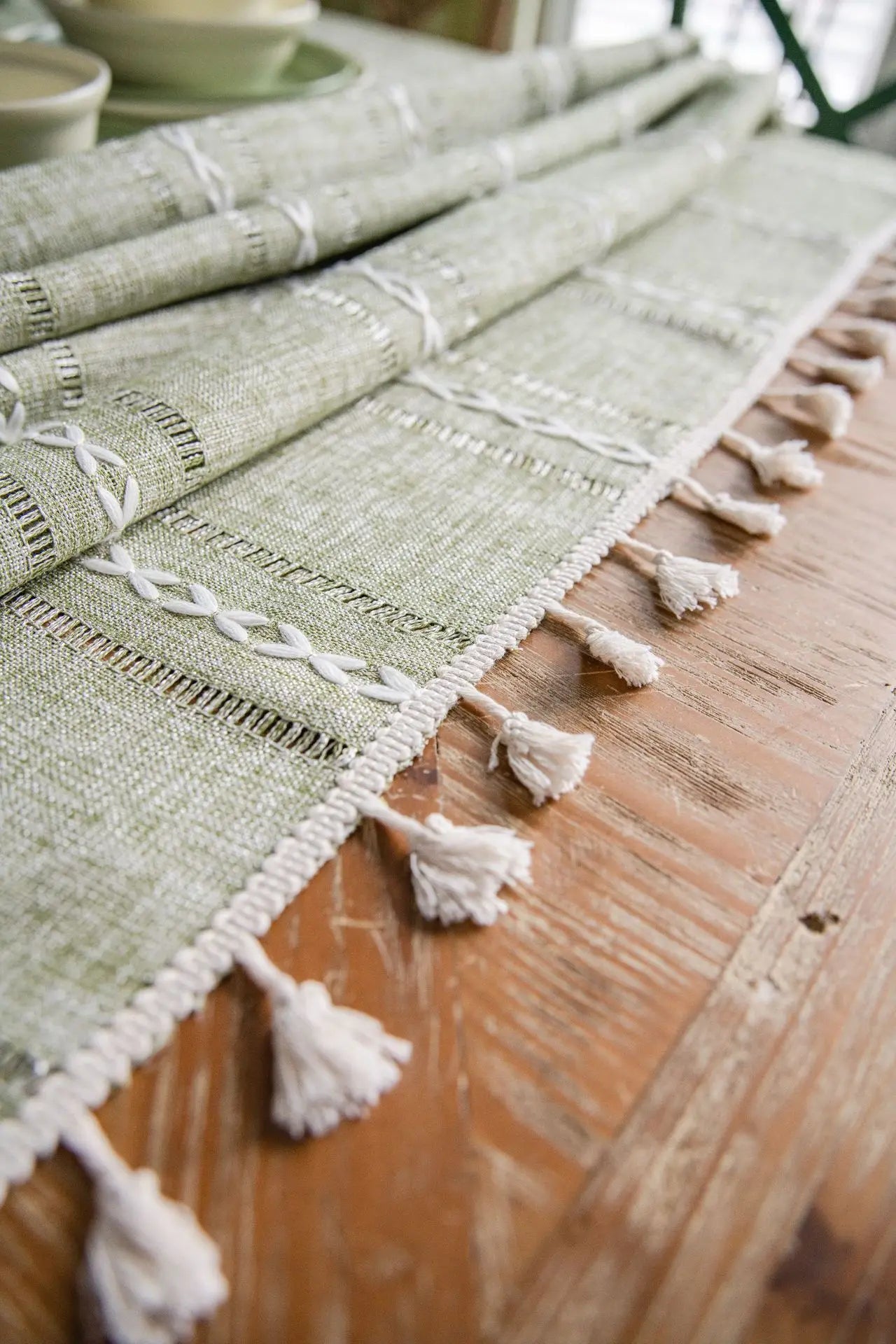 Cotton Linen Stripe Tassel Tablecloth — Stain Resistant Dining Decor