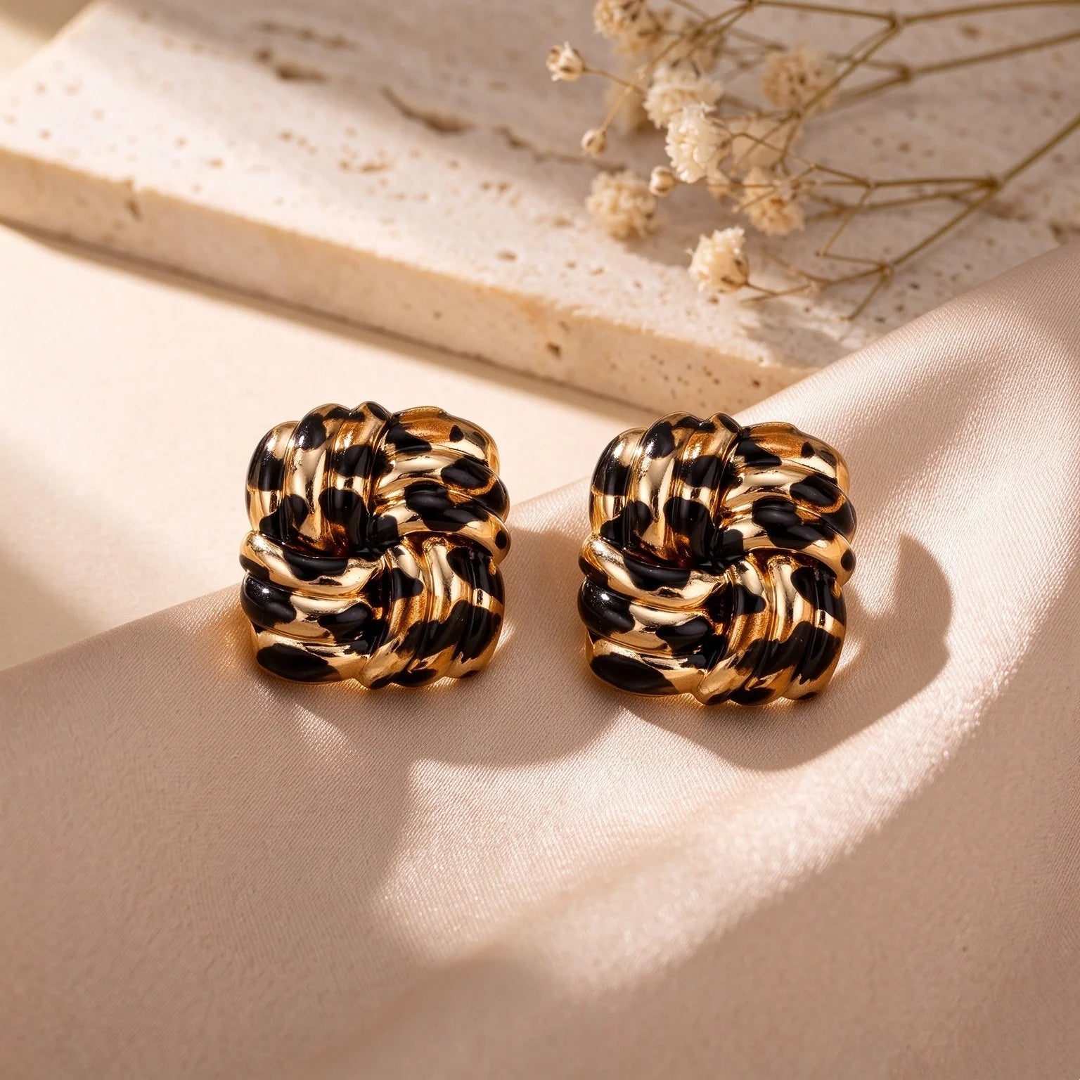Obega Leopard Print Knotted Earrings — Vintage Gold Tone Enamel Studs