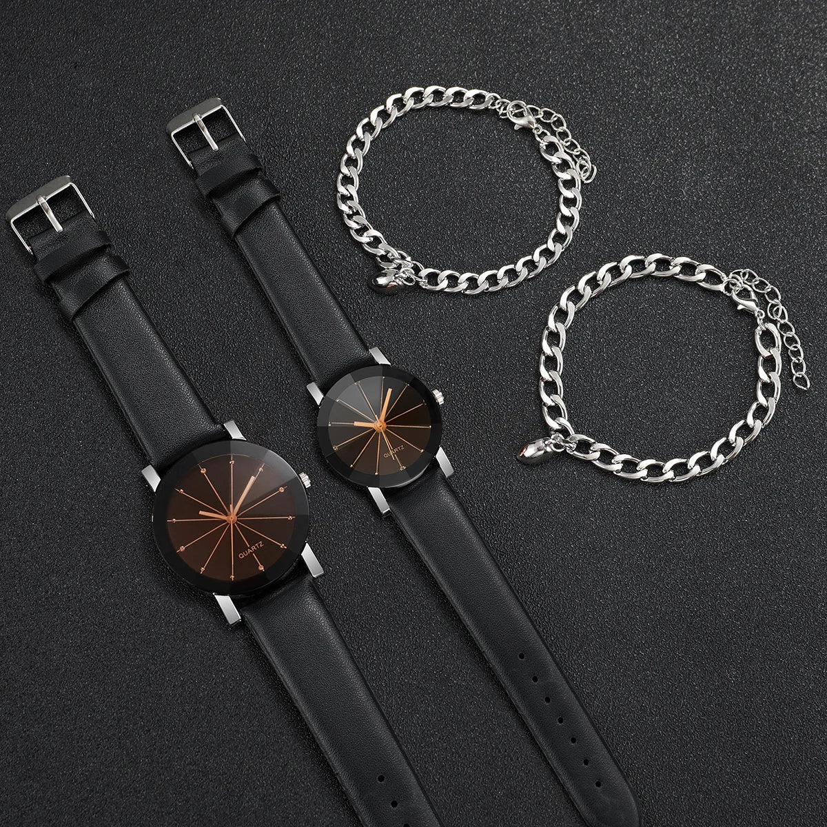 Couple's Quartz Watch and Bracelet Set — Fashionable Rhinestone Accents