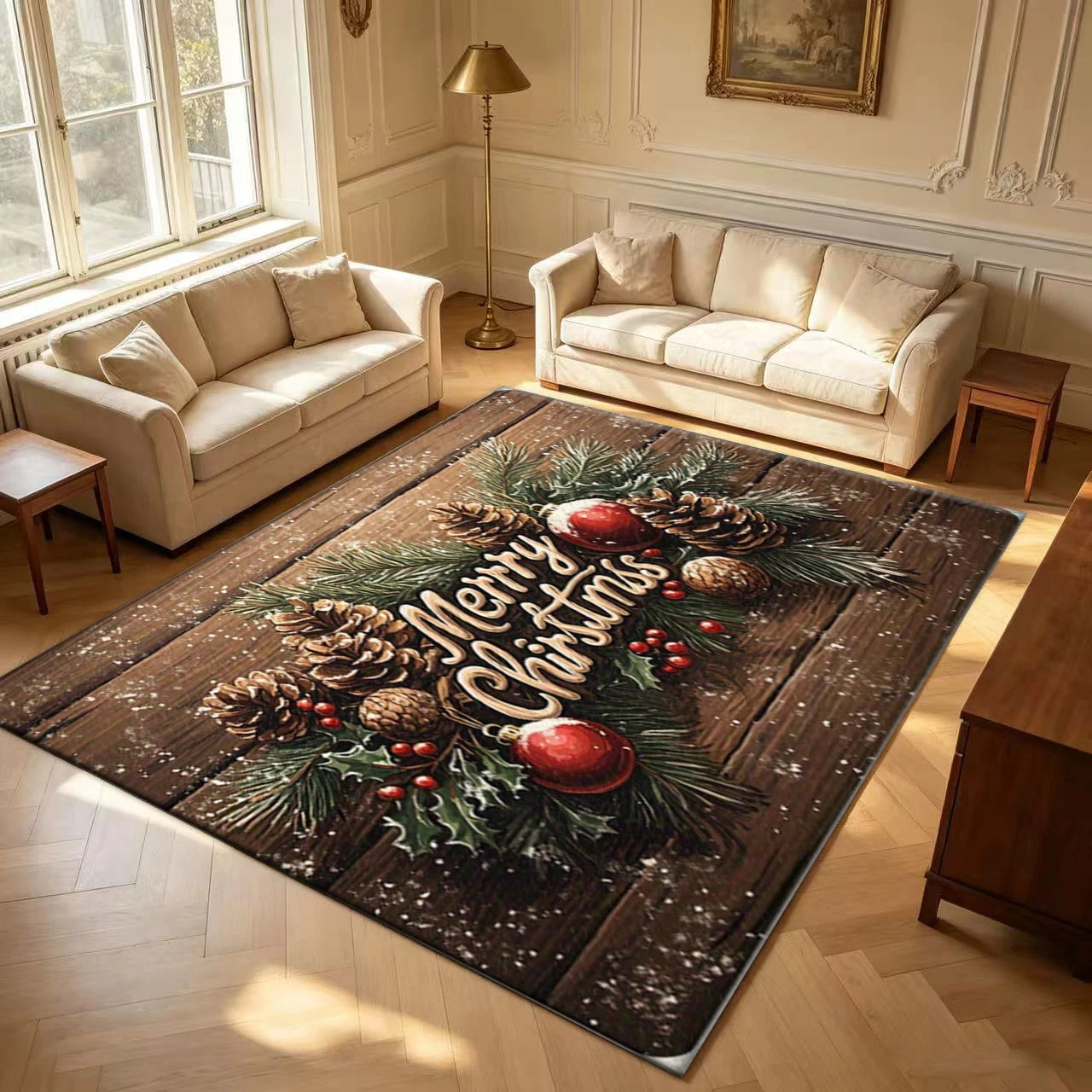 Wood Grain Christmas Holiday Area Rug — Festive Pine Cone & Berry Design