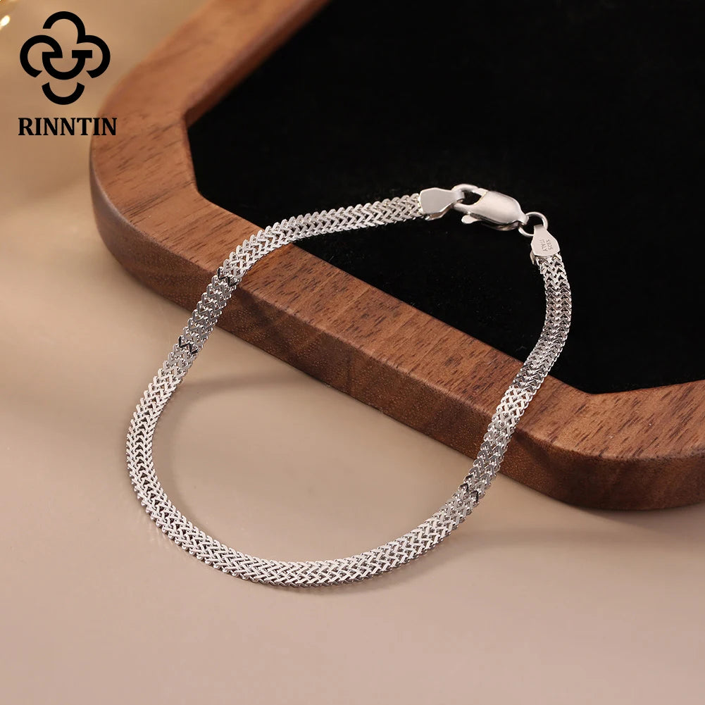 Rinntin 925 Sterling Silver Flat Mesh Bracelet — Classic Unisex Bangle Chain