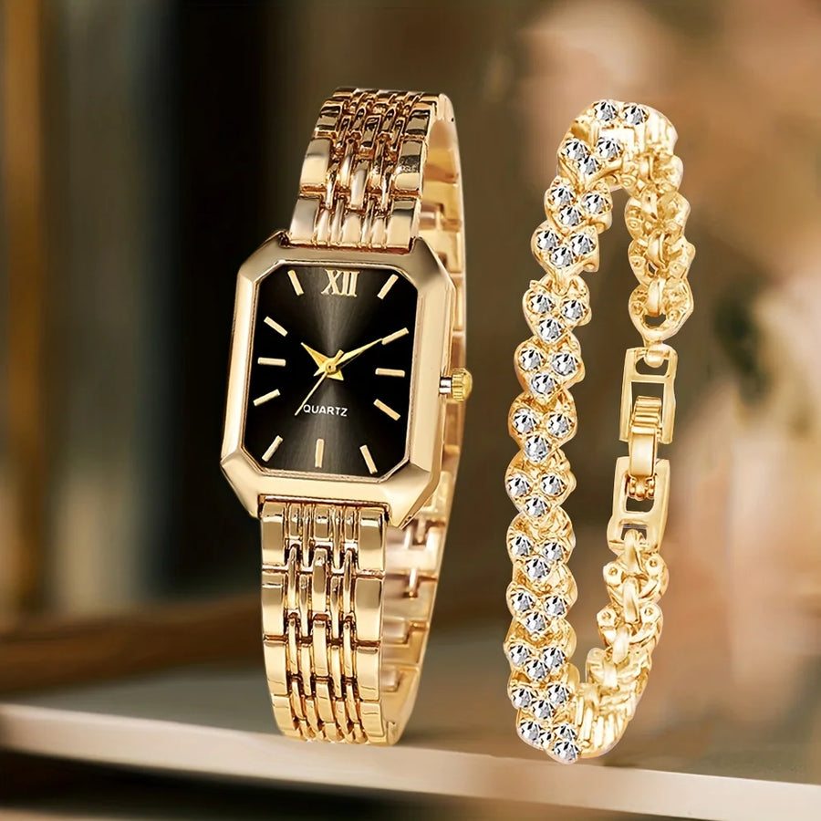 Women's Quartz Watch and Rhinestone Bracelet Set — Elegant Roman Dial Jewelry Kit