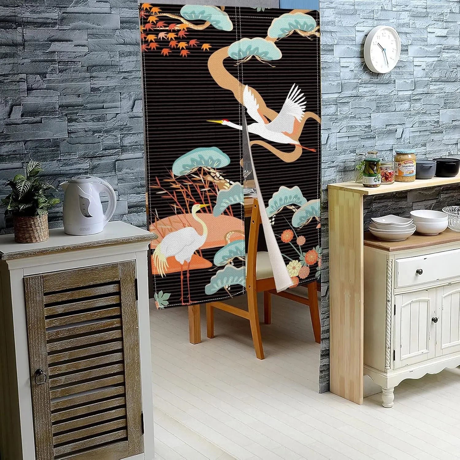Japanese Style Crane and Flower Doorway Curtain — Decorative Noren Tapestry