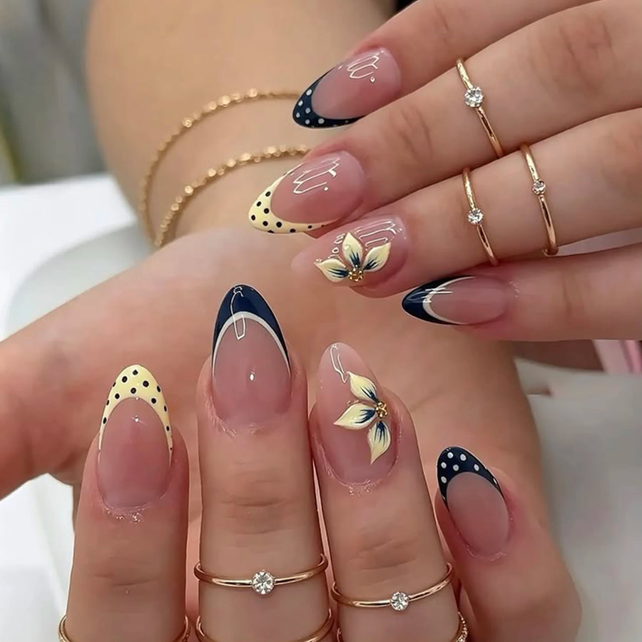 Handmade Almond Press-On Nails — Navy and Yellow Polka Dot Design