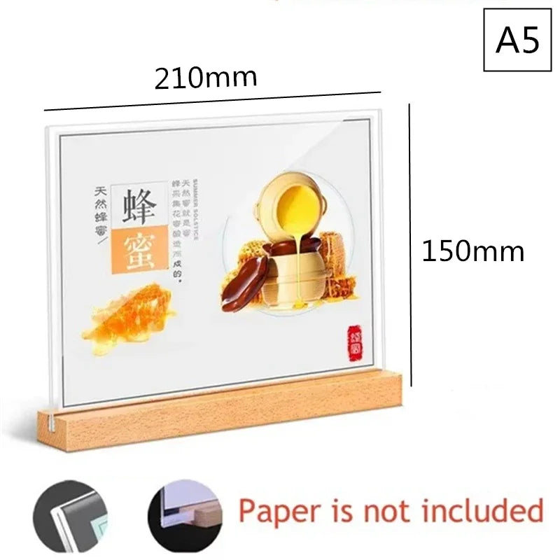 Acrylic Sign Holder with Wooden Base — Double-Sided Tabletop Display Stand