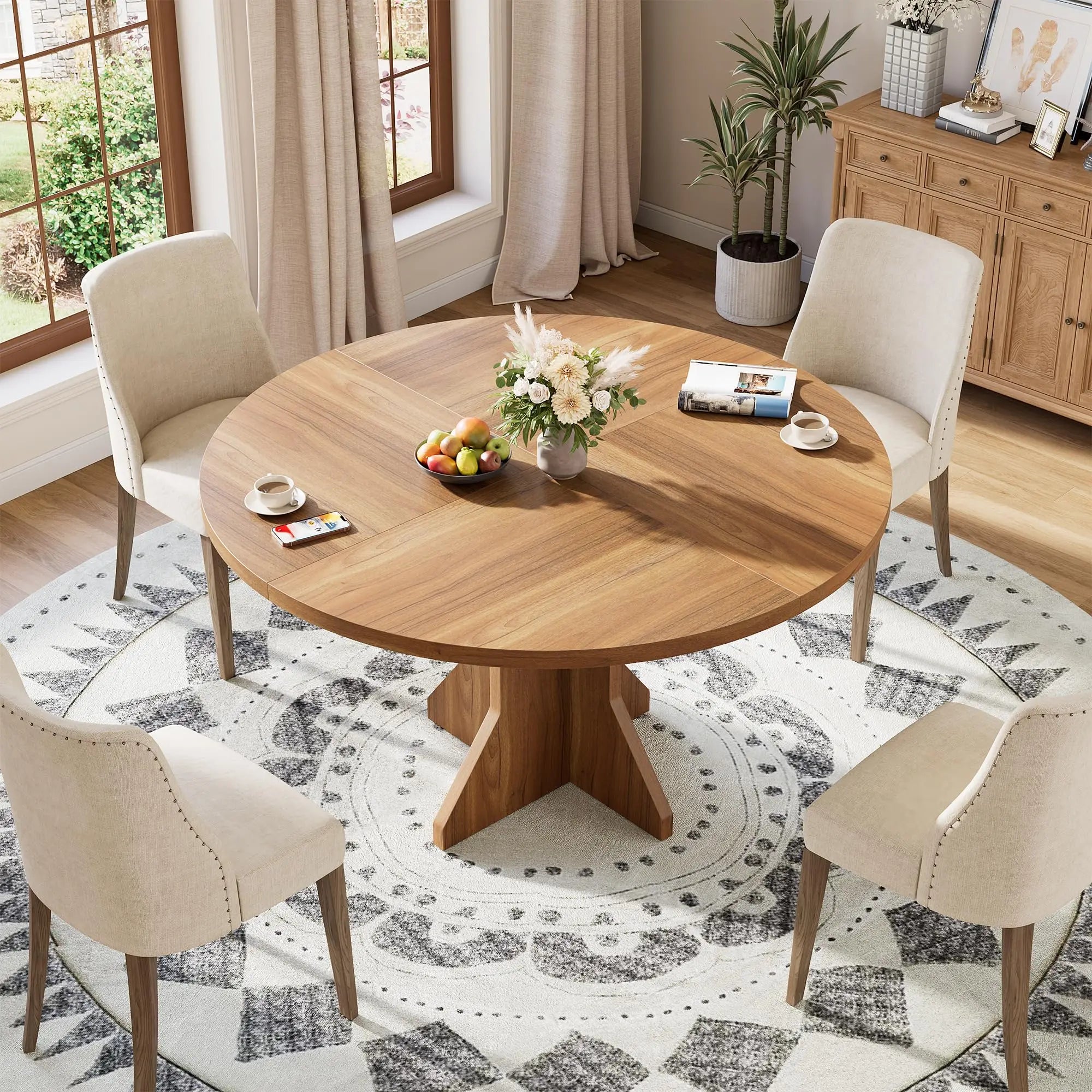 Modern Round Dining Table — Space-Saving 47-Inch Pedestal Design