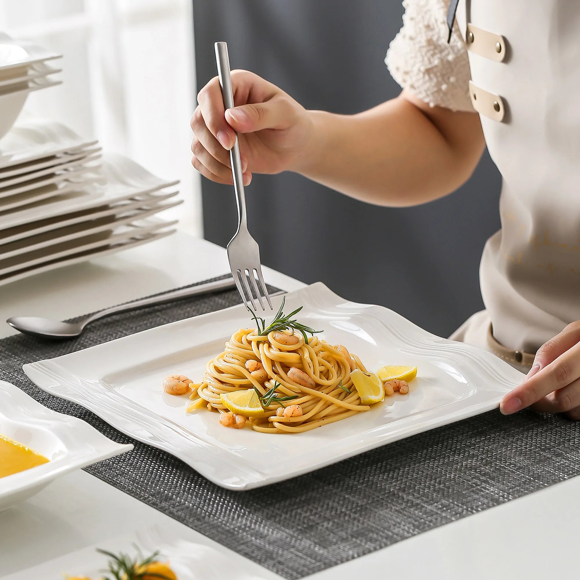 MALACASA 28-Piece Square Porcelain Dinnerware Set — Elegant White Ceramic Tableware