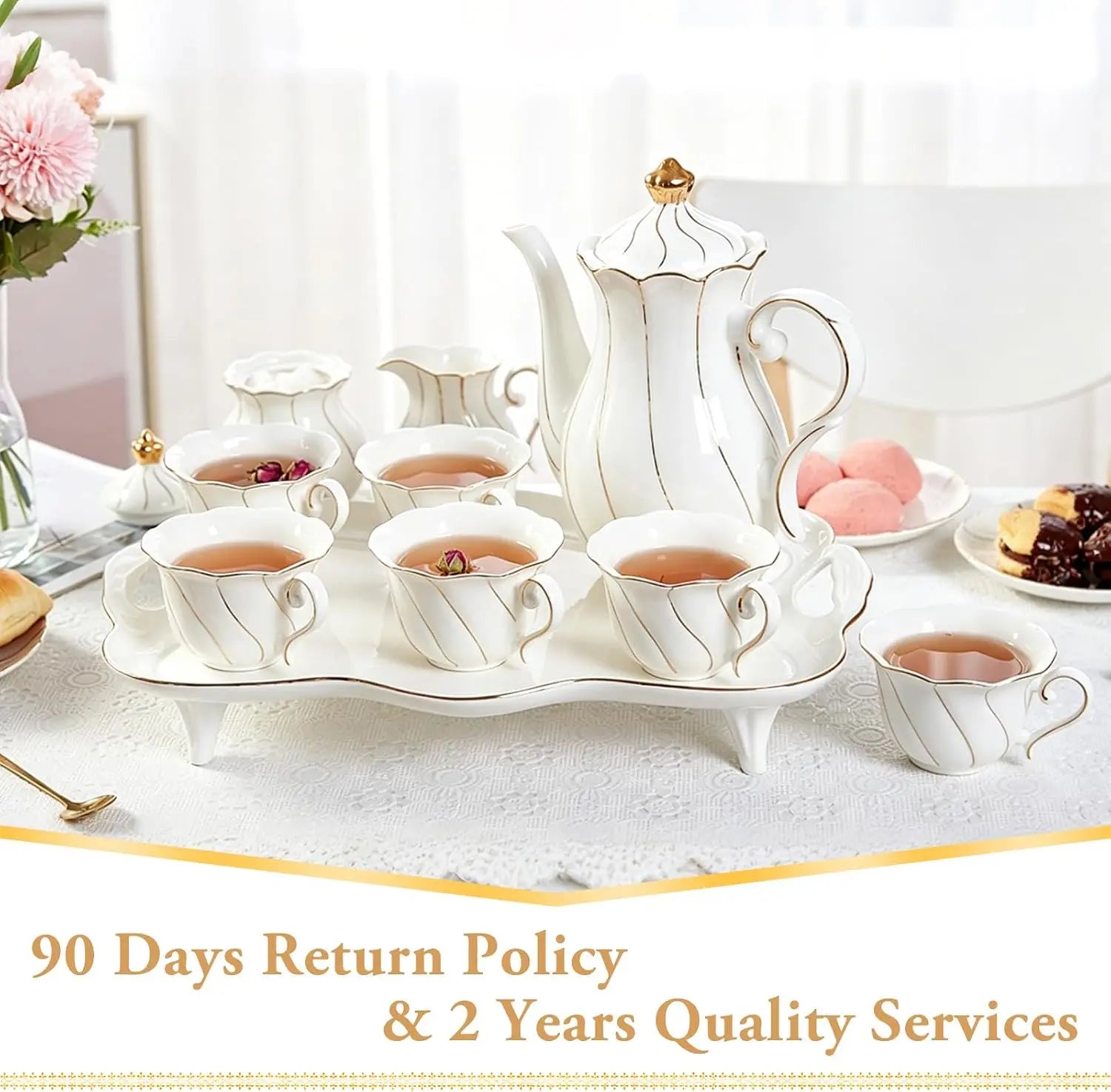 IOSN 14-Piece Porcelain Tea Set — Elegant Gold Trim Coffee & Tea Service