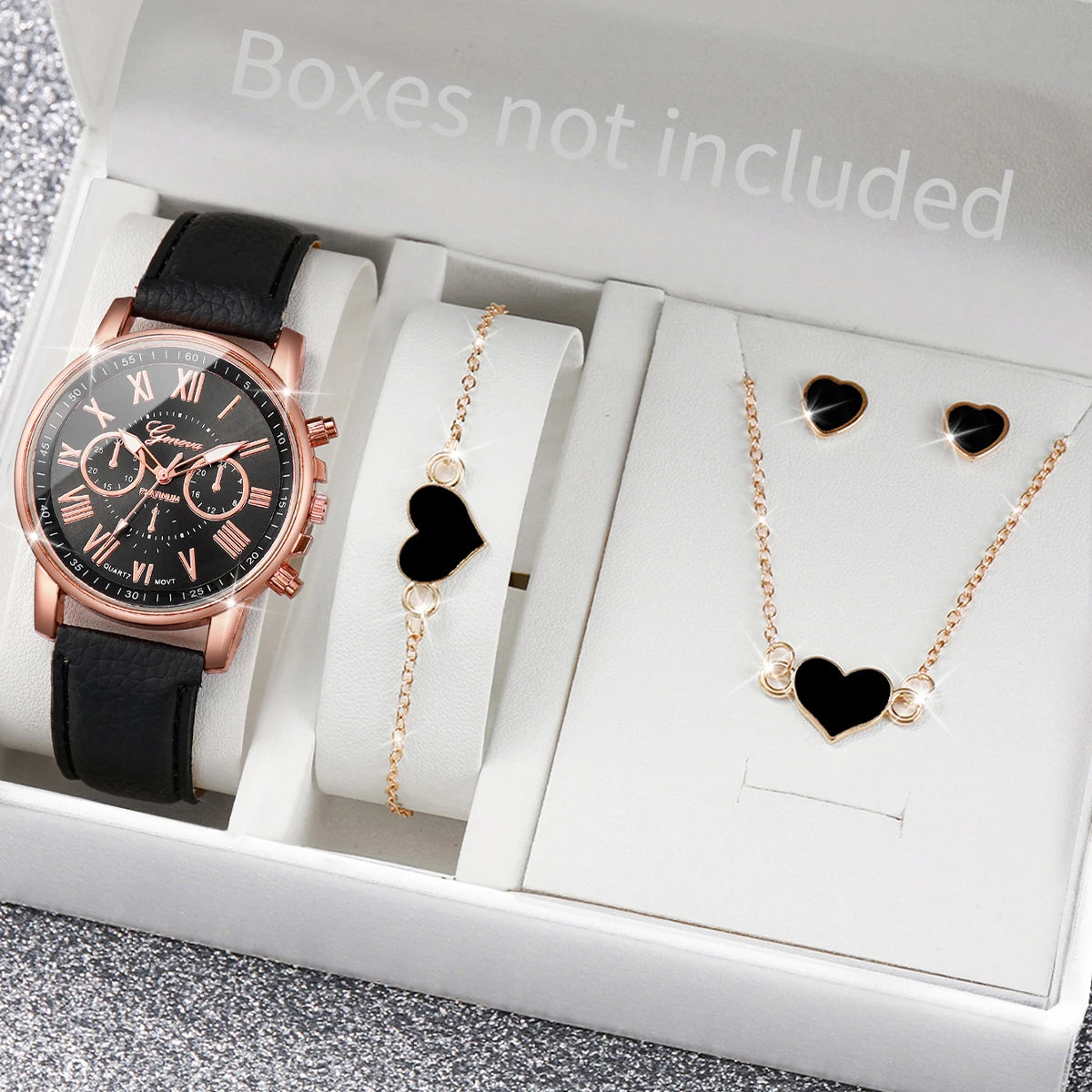 Women's Quartz Watch and Jewelry Set — Elegant Rhinestone Heart Accessories