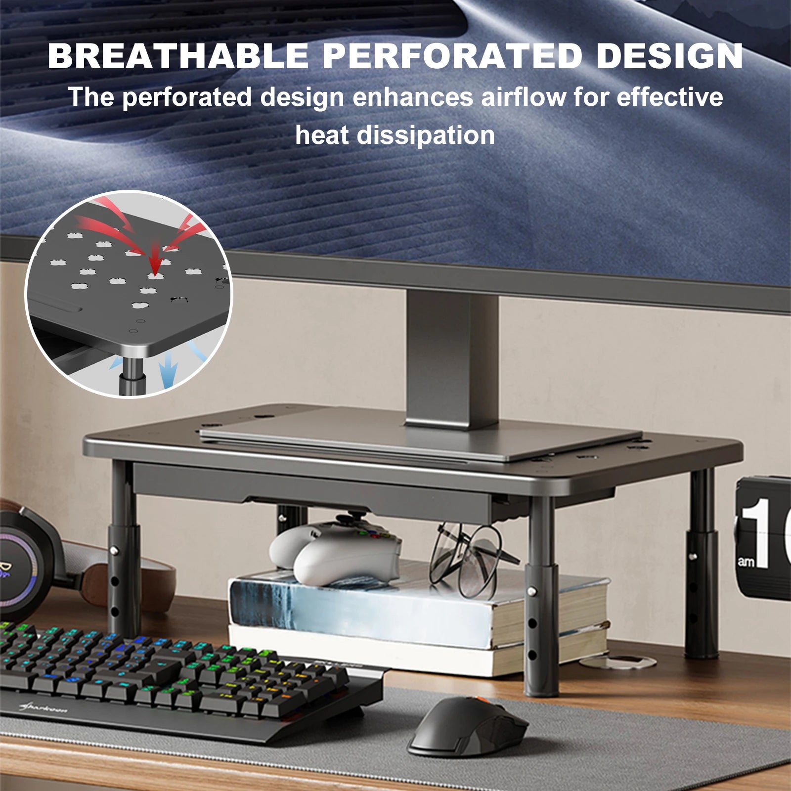 Adjustable Monitor Stand — Ergonomic Laptop Riser with Storage Drawer