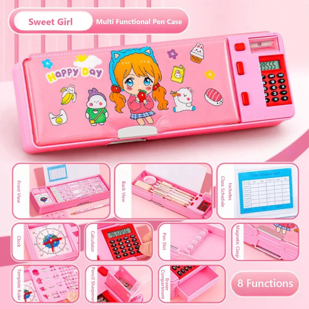 Multifunctional Plastic Pencil Case — Built-in Calculator and Sharpener