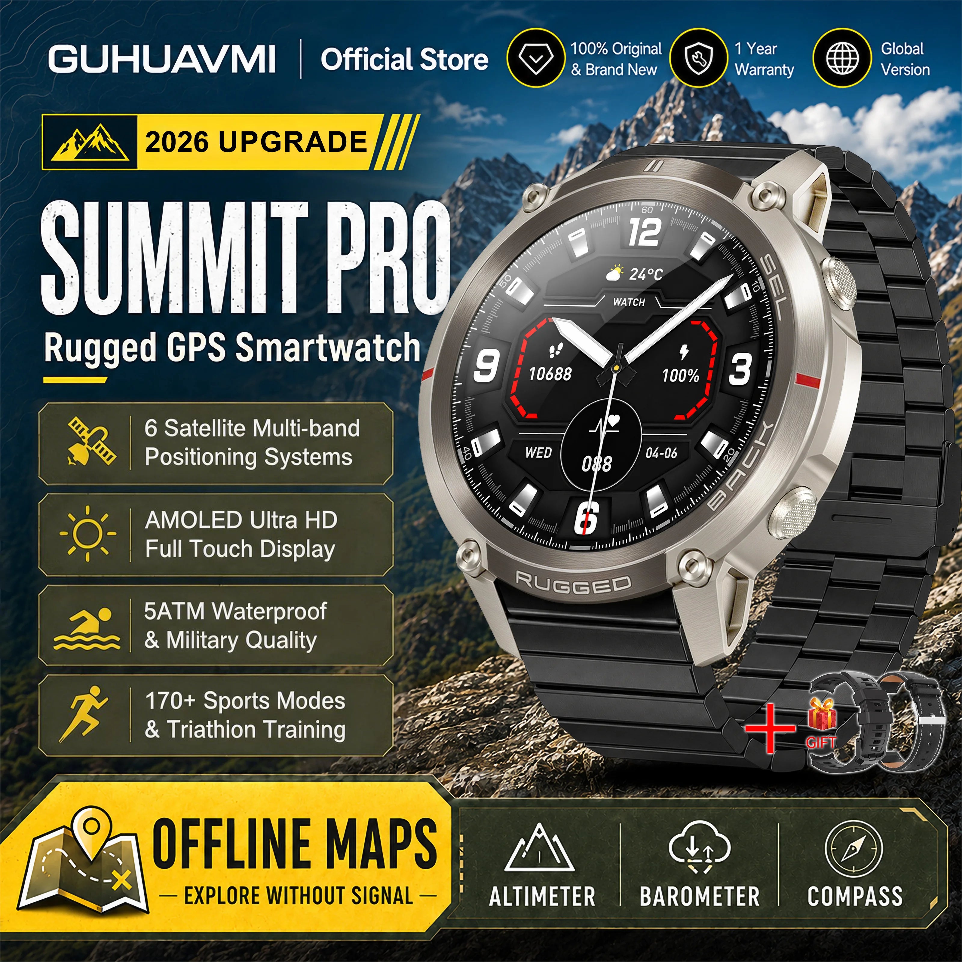 GUHUAVMI Military GPS Smartwatch — Offline Map & 5ATM Waterproof Sports Watch