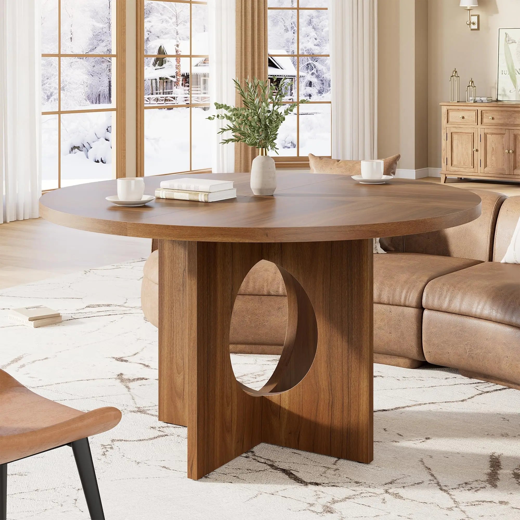Round Wood Dining Table — 47-Inch Farmhouse Pedestal Table for 4-6 People