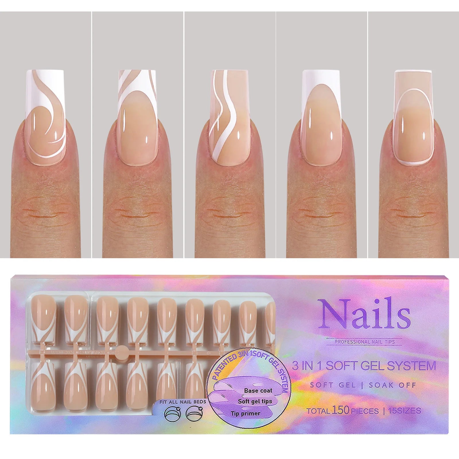 French Tip Soft Gel Nail Tips — 150 Piece DIY Press On Set