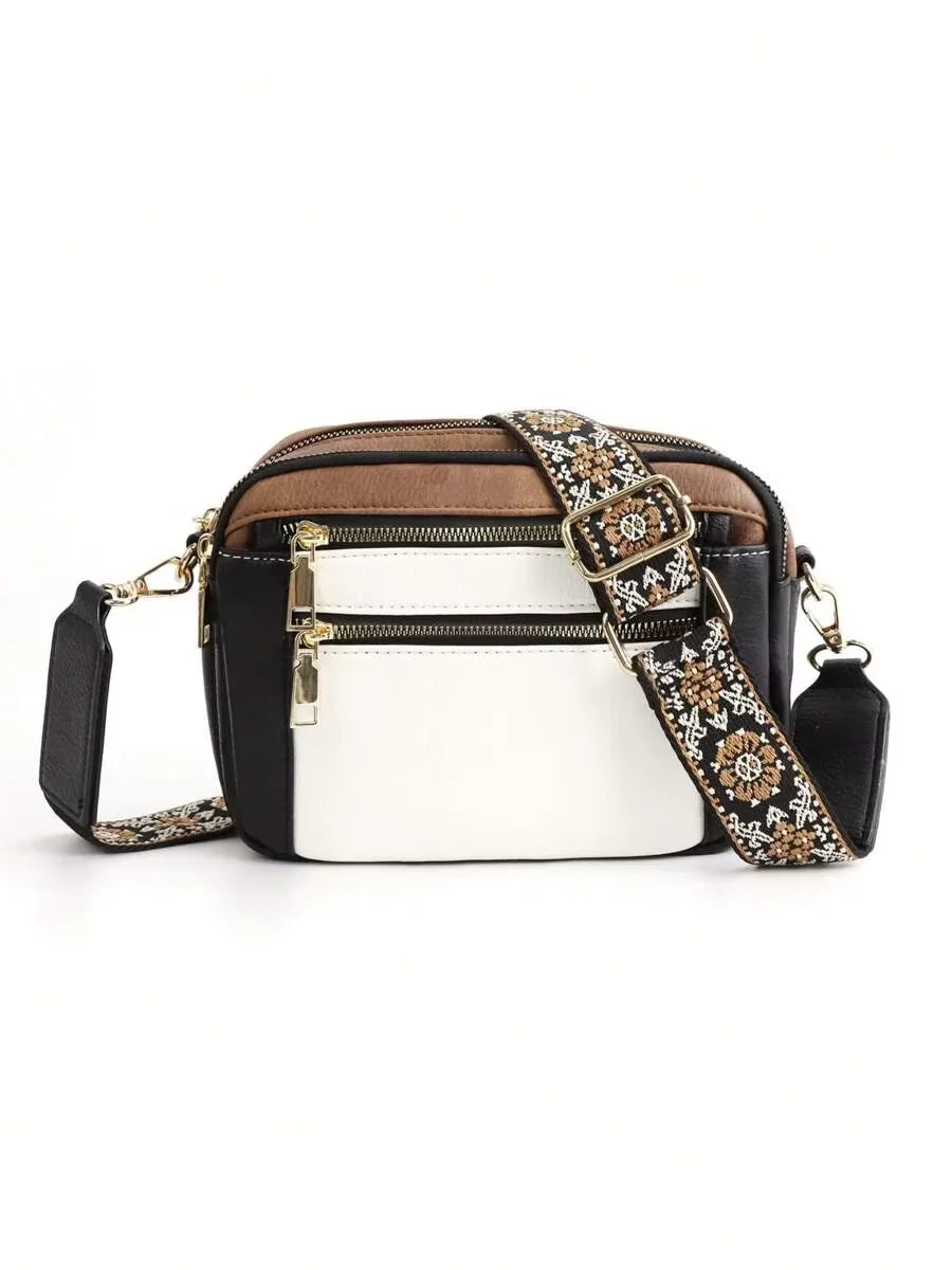 Retro Color-Block Square Handbag — Quilted Embroidery Crossbody Purse