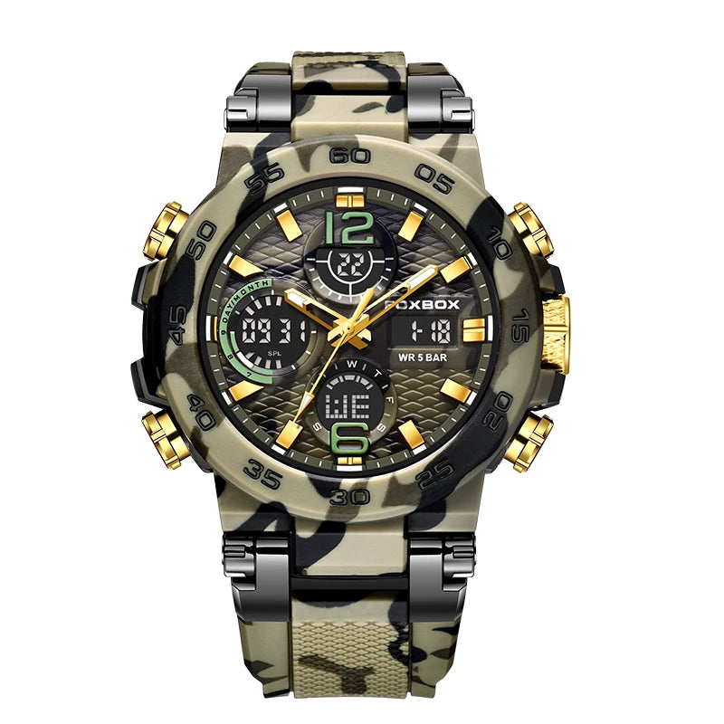 foxbox Men's Military Sports Watch — Waterproof Dual Display Quartz Timepiece
