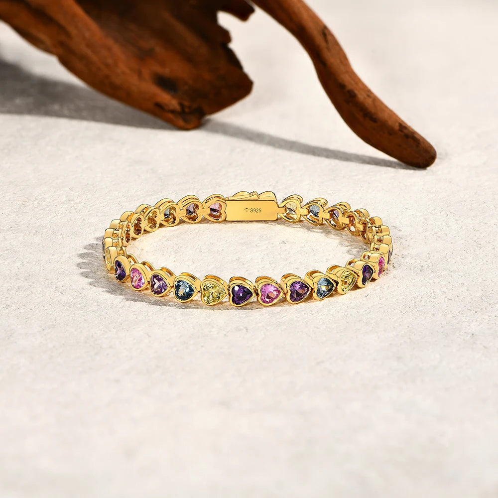 ATTAGEMS Heart-Shaped Sapphire Bracelet — 18K Gold Plated Sterling Silver Jewelry