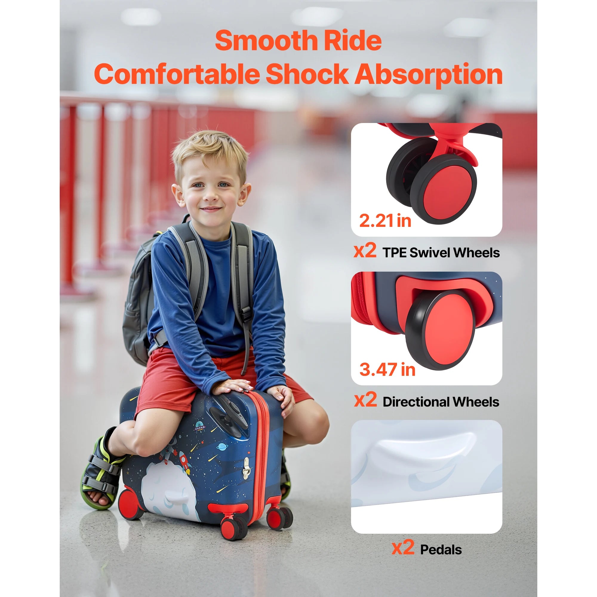 SucceBuy Ride-On Kids Luggage — 26L Carry-On Suitcase with Wheels