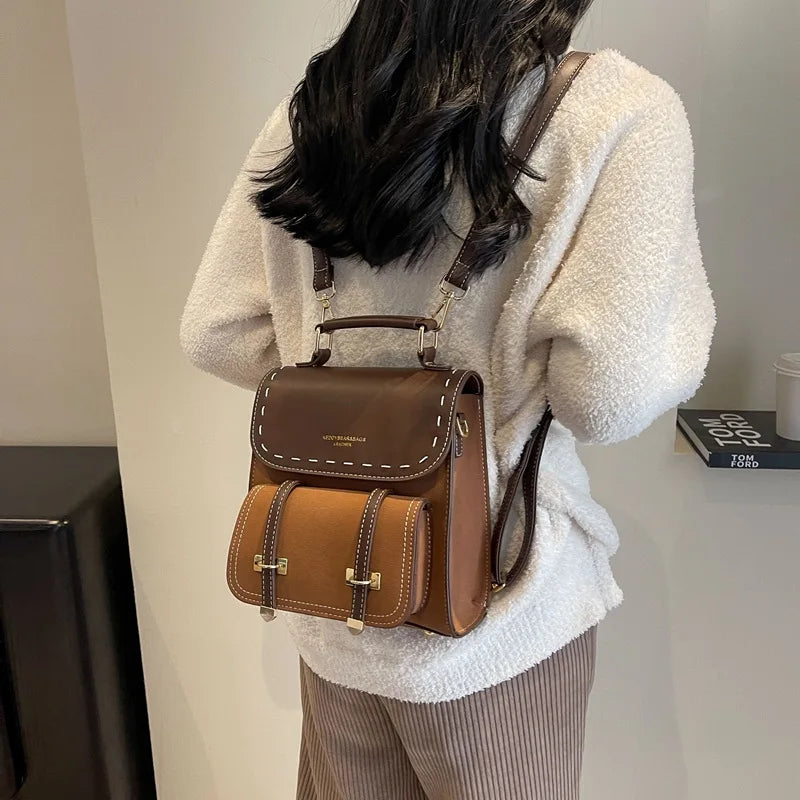 Women's Faux Leather Patchwork Backpack — Stylish Travel & School Bag