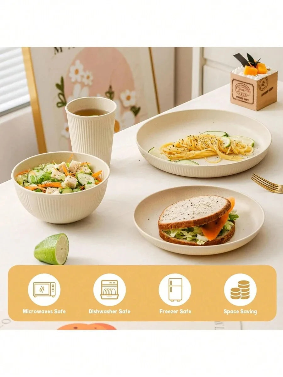 Reusable Plastic Dinnerware Set — Lightweight Plates, Bowls & Cups, Beige