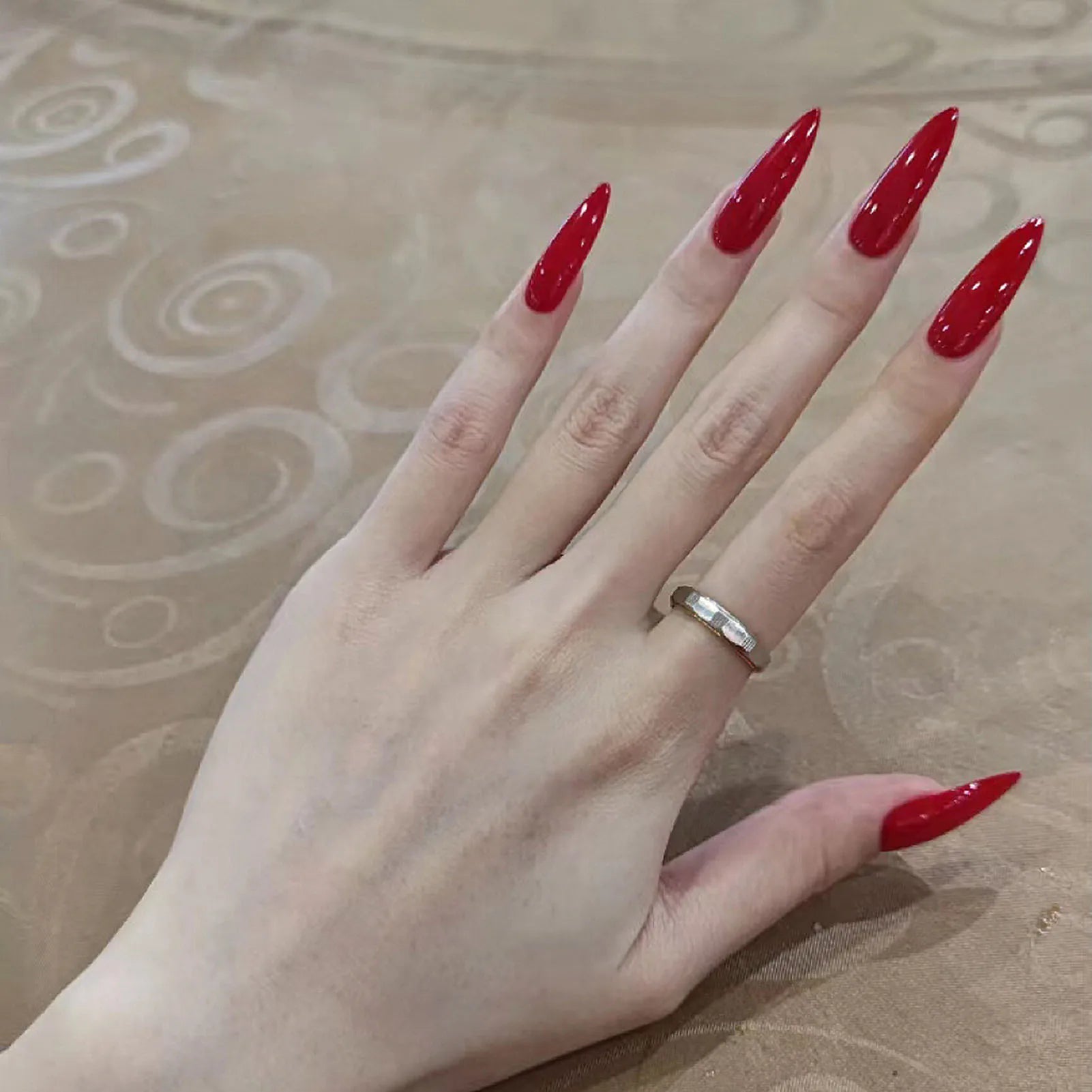 YADORNOS Solid Red Press On Nails — Long Almond Full Cover Fake Nail Set